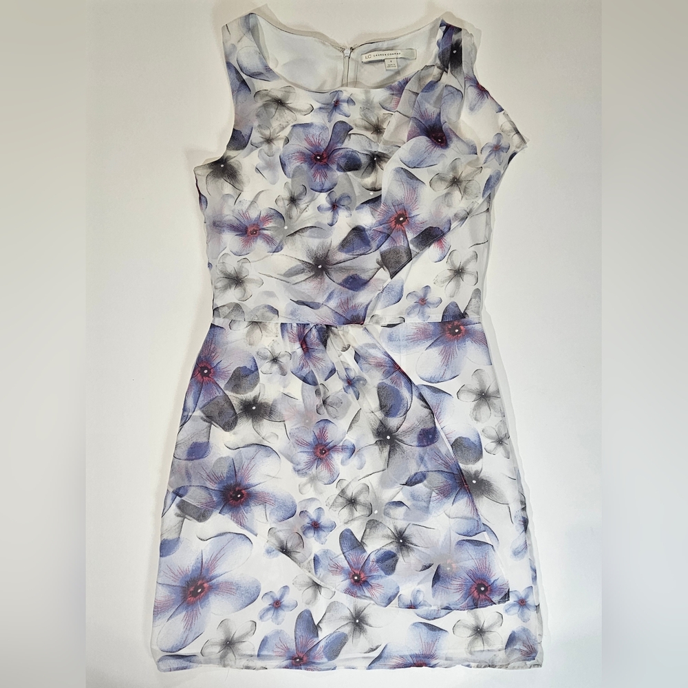 Lauren Conrad Midi Dress Womens 4 White Purple Floral Cocktail Wedding Event